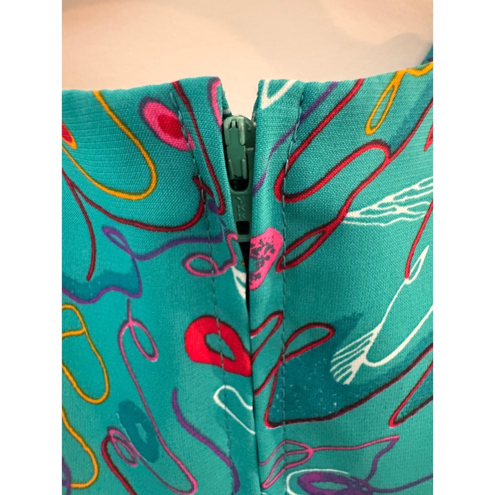 Vintage 80s Herman Marcus Dallas Teal Abstract Cowl Neck Belted Midi Dress 10 - Picture 10 of 10